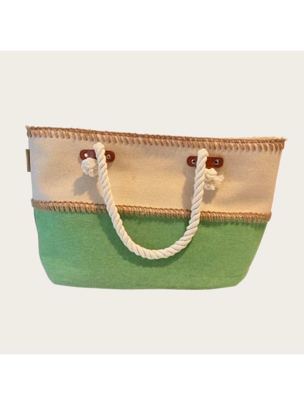 Caribbean Joe Island Supply Co Green Beige Canvas Tote Rope Handles Zip Closure - Picture 3 of 8